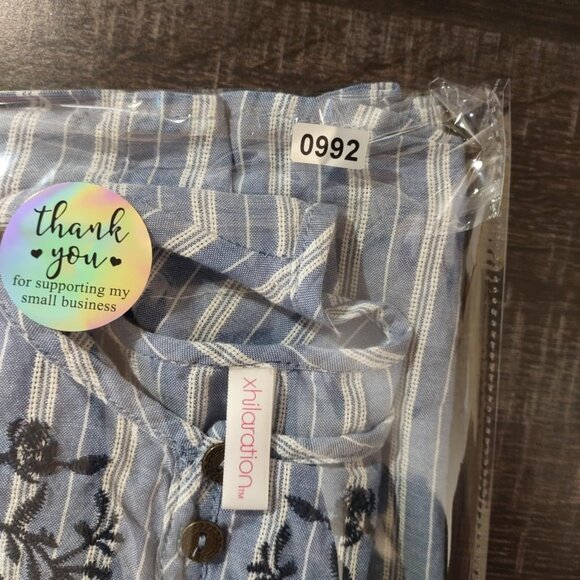 Boho Embroidered Peplum Blouse Women's XS Blue Striped Cotton Short Sleeves - Picture 10 of 10